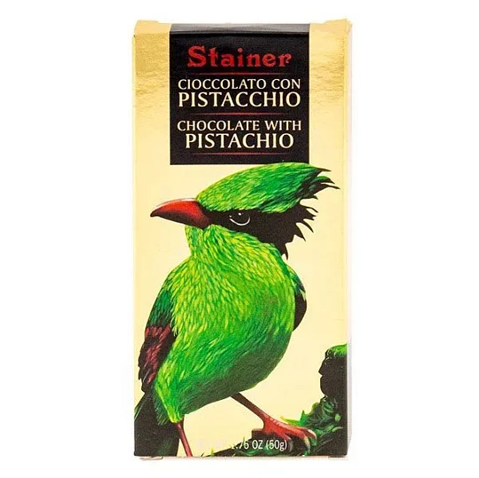 Шоколад белый с фисташками 1068, Stainer 50 г (карт/кор с попугаем) 