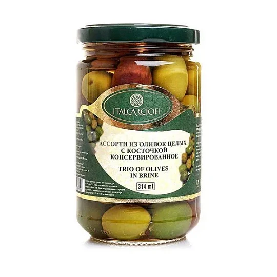 Оливки Ассорти с косточкой в рассоле, Italcarciofi, 314 мл