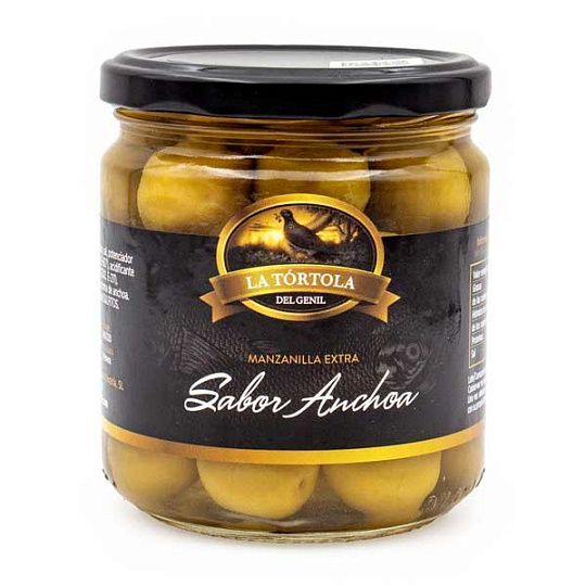 Оливки зеленые с косточками Manzanilla extra со вкусом анчоусов, La Tortola, 370 г (ст/б) 