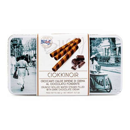 Хрустящие вафельные трубочки с кремом из тёмного шоколада CIOKKINOIR, Bussy, 360 г (винтажная ж/б)