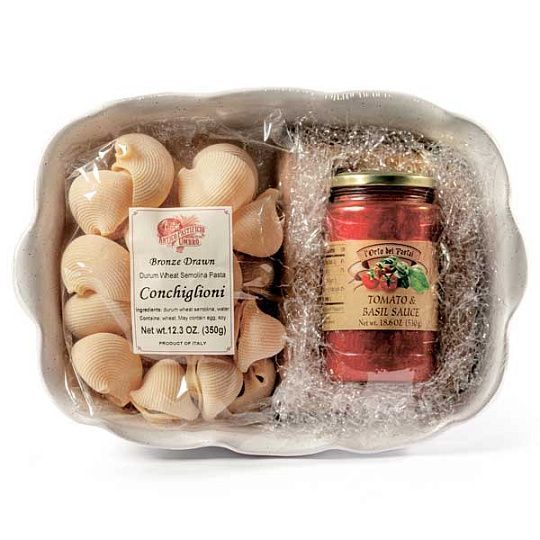 Набор подарочный (керамическая форма для запекания с лимонами, паста Конкильони, соус томатный с базиликом)