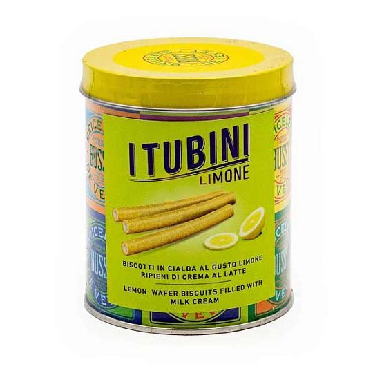 Хрустящие вафельные трубочки с лимонным вкусом и начинкой из молочного крема TUBINI LIMONE, Bussy ,280 г (туба ж/б)
