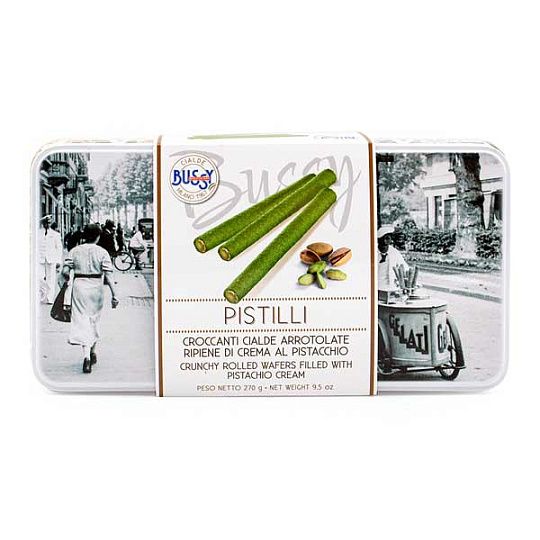 Хрустящие вафельные трубочки с фисташковым кремом PISTILLI, Bussy, 270 г (винтажная ж/б)